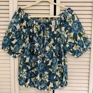 LOFT Women’s linen knit blue floral top M NWT